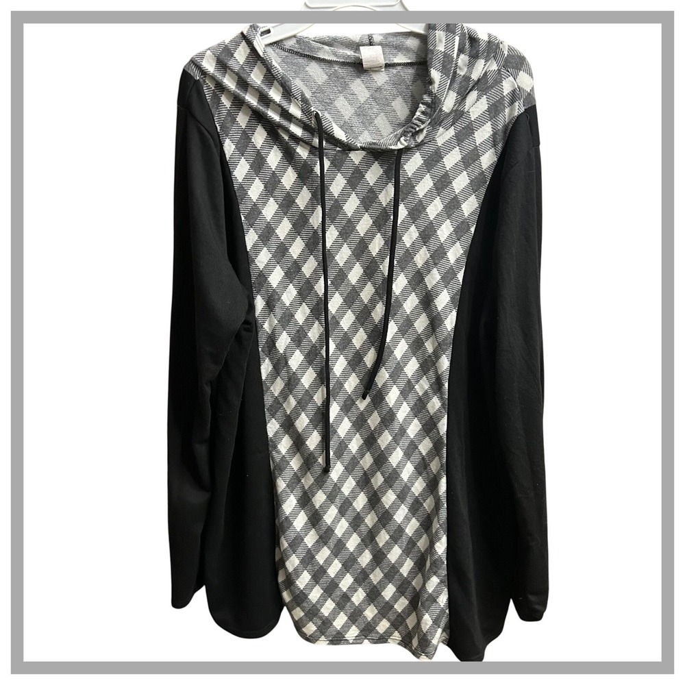 Sew In Love Women's Black White‎ Gingham Cowl Neck Hoodie Plus Size 3X